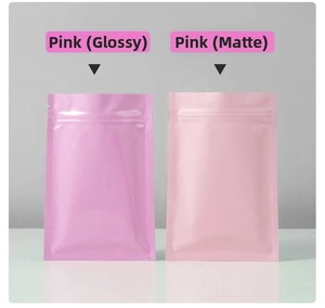 Pink aluminum foil pouches showing contrast between glossy and matte surface textures