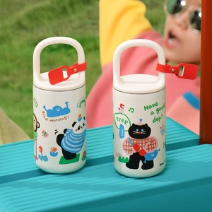 Kids insulated water bottles in cream white with cartoon graphics for outdoor camping use