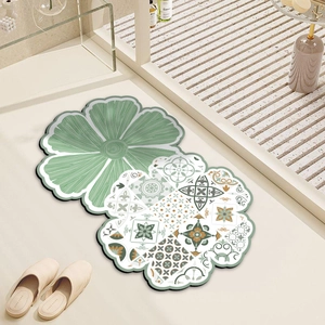 Floral wabi-sabi bathroom rug set with green tile pattern and non-slip texture