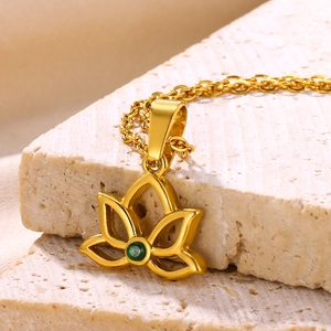 Luxury 18K gold necklace with lotus flower pendant and green zircon gemstone