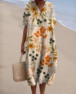 Robe d'été femme à col en V, imprimé tournesols blanc cassé et coupe décontractée