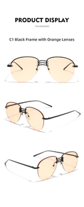 Detailed views of semi-rimless sunglasses with orange lenses and black metal frame