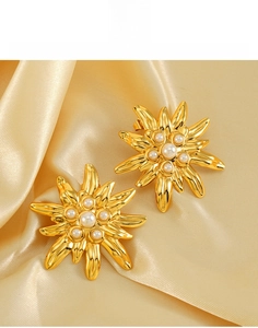 Détail des boucles d'oreilles fleurs en acier titane plaqué or 18 carats avec perles