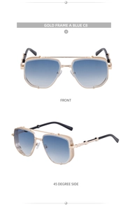 Detailed front and side views of steampunk gold square sunglasses with blue gradient lenses