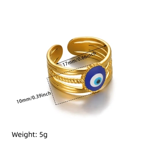 Gold stainless steel evil eye ring with three-layer open band and blue enamel inlay