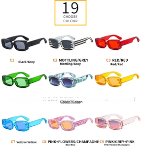 Detail grid showing nine colorful 3D patterned thick frame square sunglasses in various styles