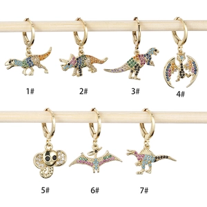 Colorful zircon-encrusted dinosaur hoop earrings in gold plating set of seven styles