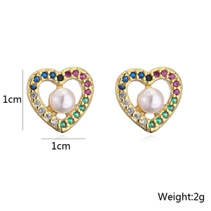 Gold-plated heart earrings with colorful cubic zirconia and pearl, 1cm x 1cm size