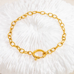 Close-up of gold stainless steel link chain featuring a large round spring clasp