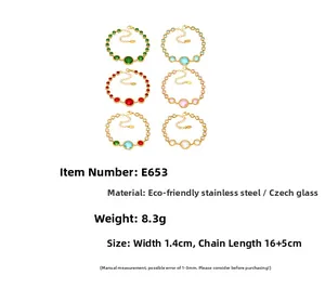 Detailed view of stainless steel bracelets with colorful Czech glass and 5A zircon inlay