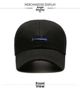 Detailed front view of a black baseball cap with blue swordfish embroidery on cotton twill