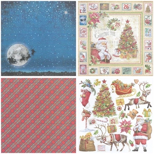 Detailed views of vintage Christmas themed scrapbook background paper and sticker set designs