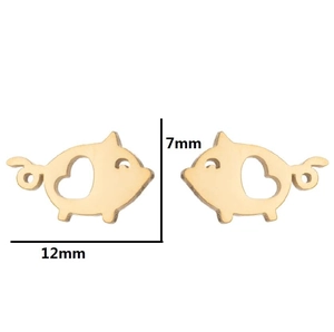 Cute gold pig stud earrings with heart cutout design, size 12mm x 7mm for women