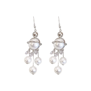 Elegant silver planet pearl tassel earrings with zircons for women on white background
