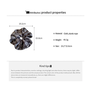 Detailed size chart for black and white checkered fabric scrunchie with elastic rope