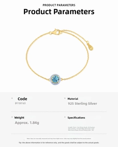 Detailed close-up of S925 silver bracelet with 6mm blue zircon and 18K gold plating