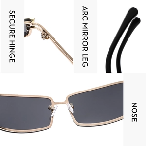 Detail view of reinforced metal hinges and curved temples on square rimless sunglasses