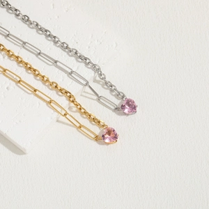 Collier trombone en acier inoxydable avec pendentif cœur en zircon rose en or et argent