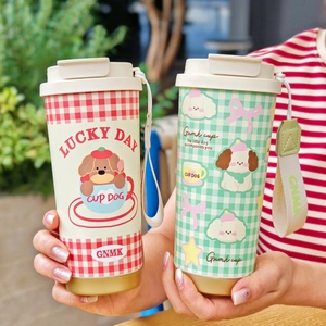 Close-up of cute cartoon thermal coffee cups with checkered patterns and portable straps