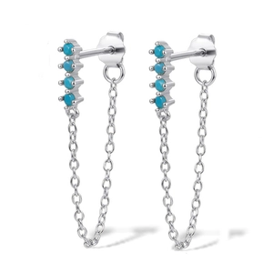 Macro shot of S925 silver chain earrings with turquoise stones and a drop fringe design