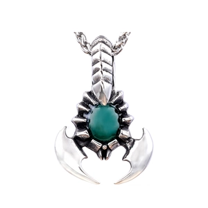 Gothic punk scorpion pendant necklace with green gemstone in polished stainless steel