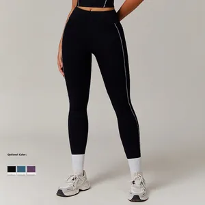 Leggings de yoga negros de cintura alta con rayas blancas y bolsillos para fitness y correr