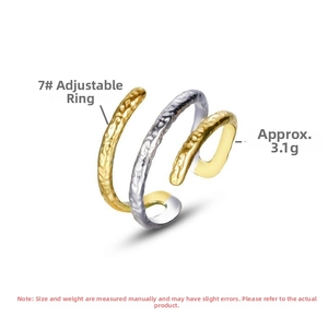 Detailed view of two-tone hammered silver ring with size and weight specifications