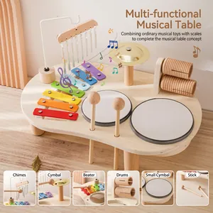 Detailed views of a 6-in-1 wooden musical activity table for kids early education