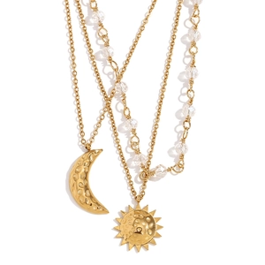 Triple layer 18K gold plated stainless steel necklace with sun moon charms and clear beads