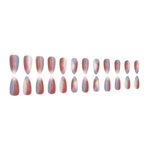Glossy almond press-on nails with morandi orange and blue gradient finish, set of 24 pieces