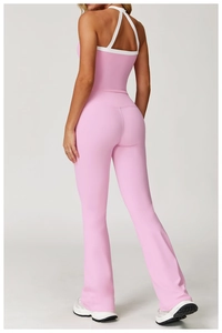 Rear view of pink high-waisted flared yoga pants with backless cross-strap sports vest