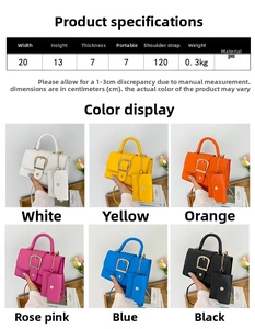 Size chart and color options for PU leather crossbody bag with decorative square buckle