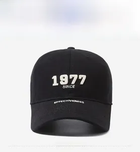 Detailed view of black baseball cap with white 1977 SINCE 3D embroidery and side text