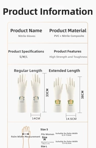 Size chart for durable PVC nitrile cleaning gloves showing standard and extended lengths