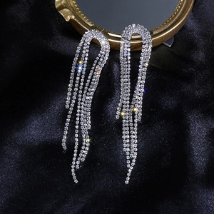 Sparkling S925 silver needle long tassel drop earrings with crystals on black silk