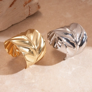 Artistic geometric leaf textured open cuff bracelets in gold and silver finish