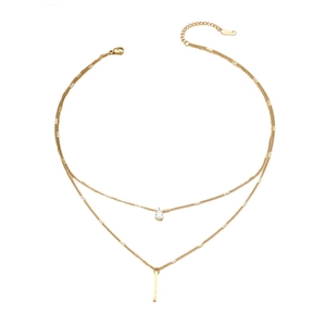 Collier double rang en acier titane doré avec pendentifs goutte et barre de zircon