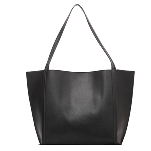 Classic black vintage tote bag in matte synthetic leather with slim shoulder straps
