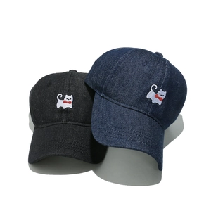Set of two denim baseball caps featuring cute cat embroidery and classic six-panel design