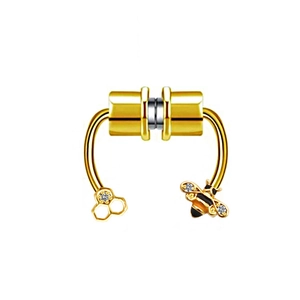 Detailed view of golden magnetic nose ring featuring a crystal bee and honeycomb design