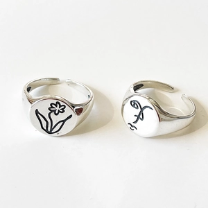 925 Sterling Silver Ring Vintage Engraved Flower Abstract Face Minimalist Adjustable Signet Jewelry For Women