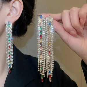 Elegant silver needle tassel earrings with colorful square zircons and long fringe