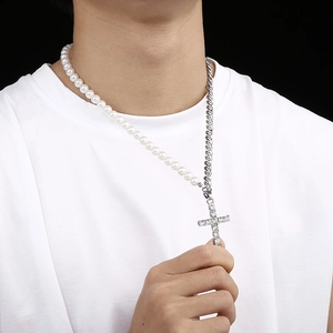 Collier hip hop avec perles et chaîne cubaine avec pendentif croix glacée pour homme