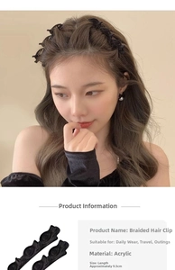 Detail view of 9.5cm black acrylic hair clip with multi-layered braiding clips on a model