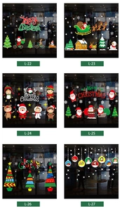 Six different Christmas window sticker designs including Santa, reindeer, and snowflakes
