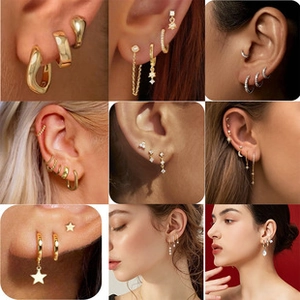 Detailed collage showcasing various gold and silver stud earrings and tassel drop earrings
