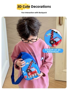 Close-up of kids blue crossbody bag featuring a 3D red crane design with adjustable strap