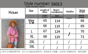 Detailed size chart for distressed denim jacket with fringe, showing S to XL dimensions