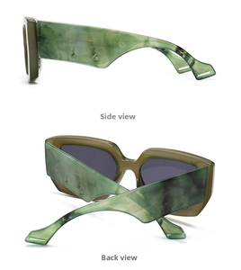 Detailed side and back view of retro green marble pattern sunglasses with wide temples