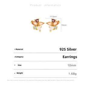 Detailed size specifications for S925 silver butterfly earrings with colorful zircons